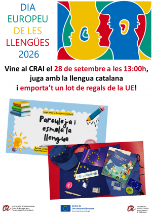 Vine al CRAI el 28 de setembre a les 13:00h, juga amb la llengua catalana i emporta't un lot de regals de la UE!